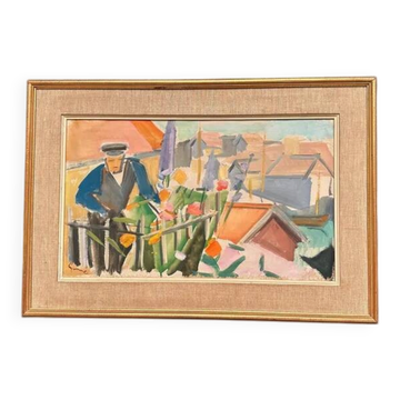 Huile sur toile suédoise – "Figure près d'une clôture de fleurs" par Carl Gunne – Signée – Vintage et encadrée – 69,5 × 48 cm (27,4" × 18,9")