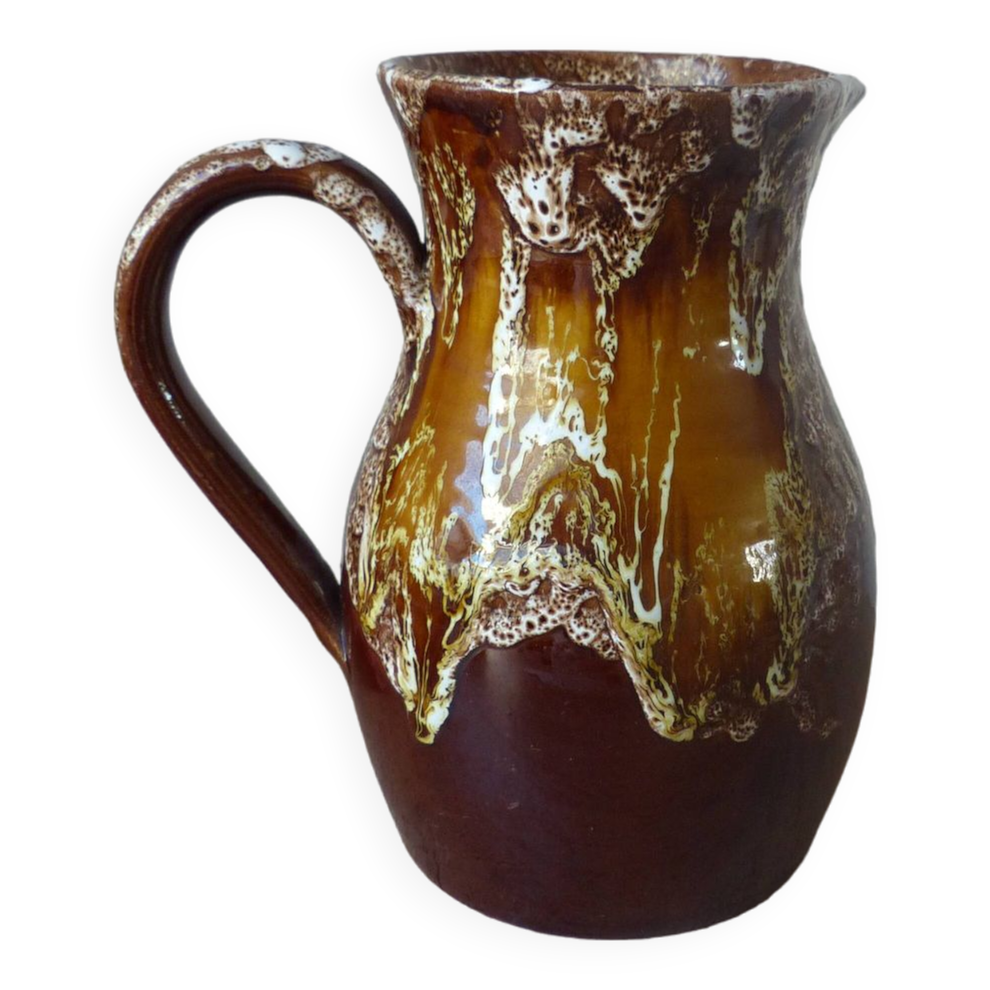 Old brown ceramic water jug pitcher, rustic country house pitcher 1970s