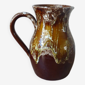 Old brown ceramic water jug pitcher, rustic country house pitcher 1970s