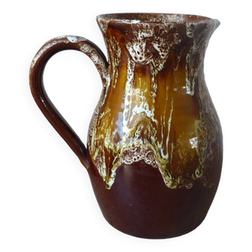 Vintage brown ceramic water jug, rustic pitcher from a 1970s country house.