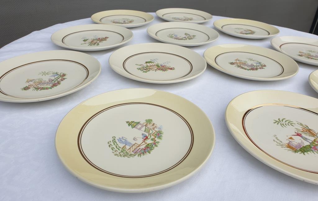 Set 12 plates Gien 1960 Japanese gardens variations in minor yellow