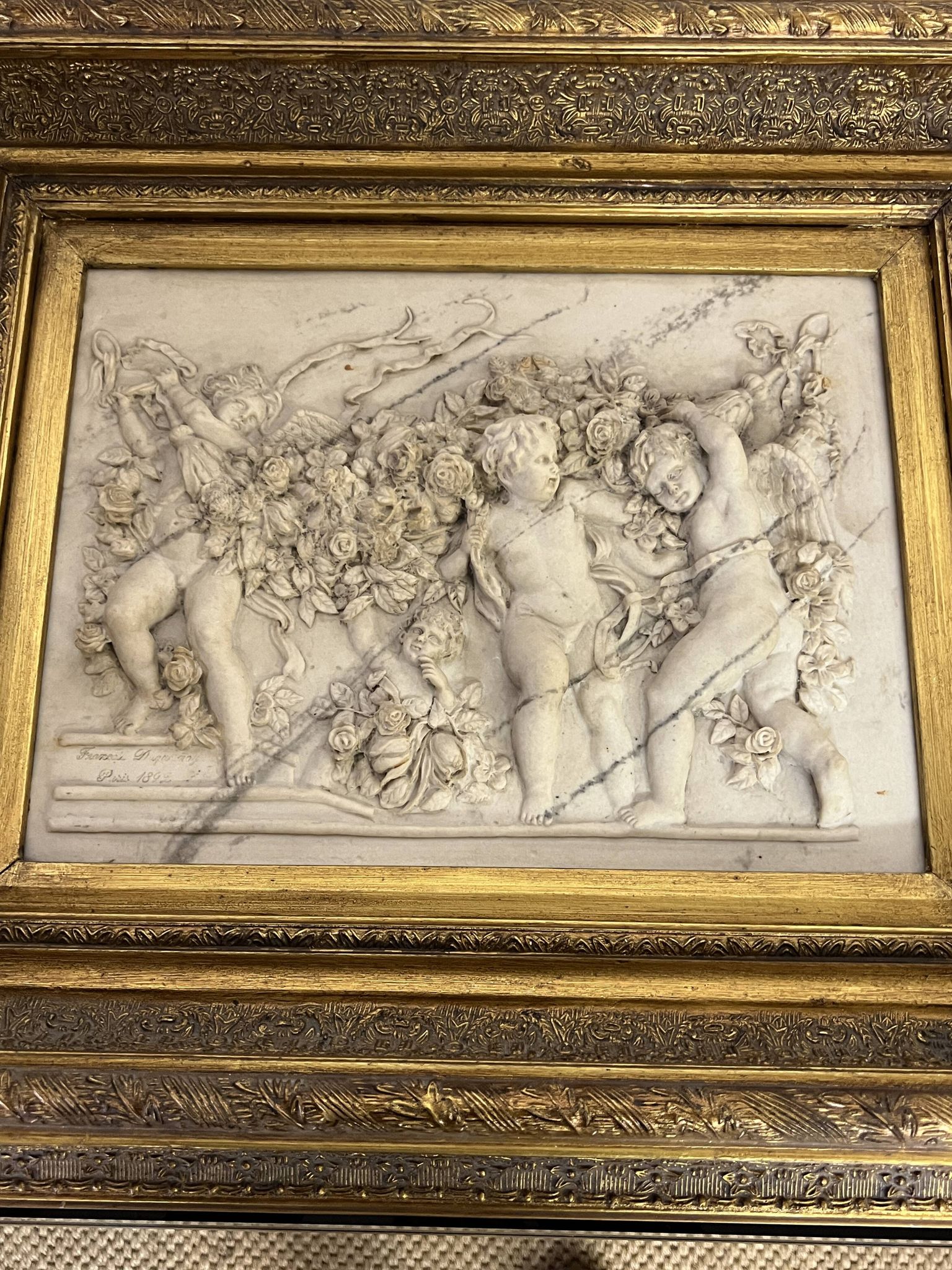Marble high relief by François Duquesnoy "Putti, garlands and flowers" Paris, 1892