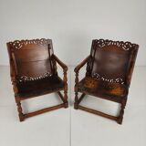 Pair of English antique Jacobean monk armchairs / tables by F. Parker & Sons Ltd