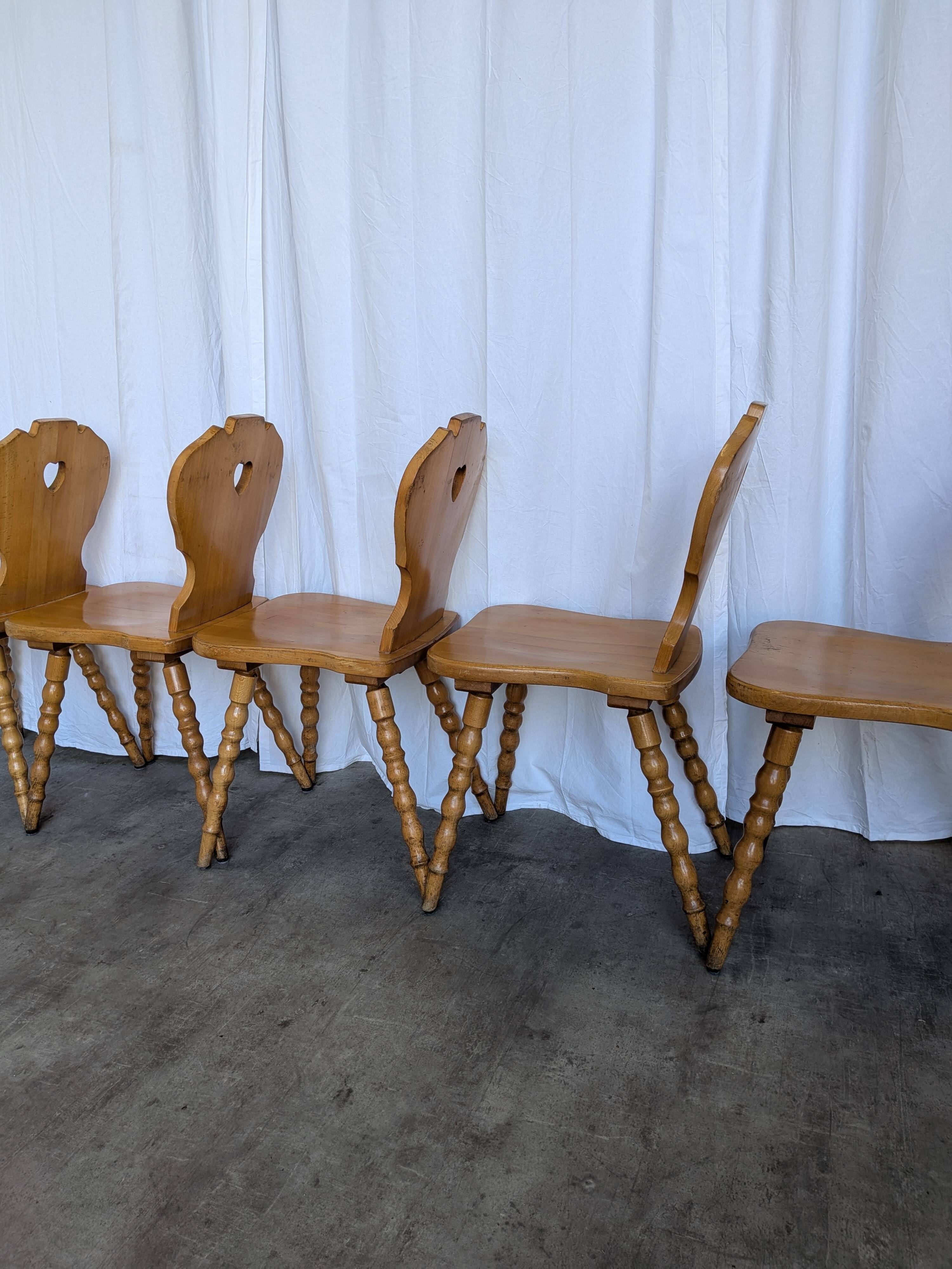 Set of 6 Vintage Tyrolean Heart Cutout Wooden Dining Chairs, Farmhouse