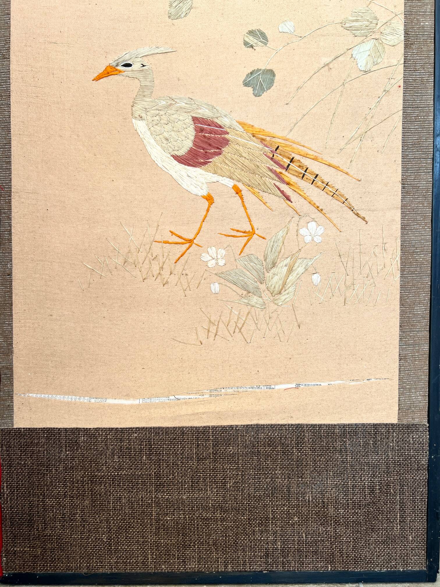 4-panel Japanese screen, 19th century, bird silk embroidery