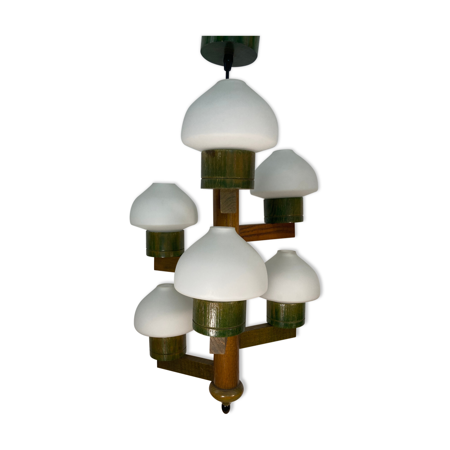 Midcentury Scandinavian wood and opaline glass hanging pendant