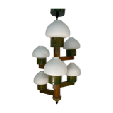 Midcentury Scandinavian wood and opaline glass hanging pendant