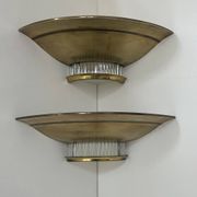 Pair of Art Deco corner sconces, brass and glass, France 1930
