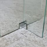 Modernist console, 1960s, glass base, wooden and fabric top.