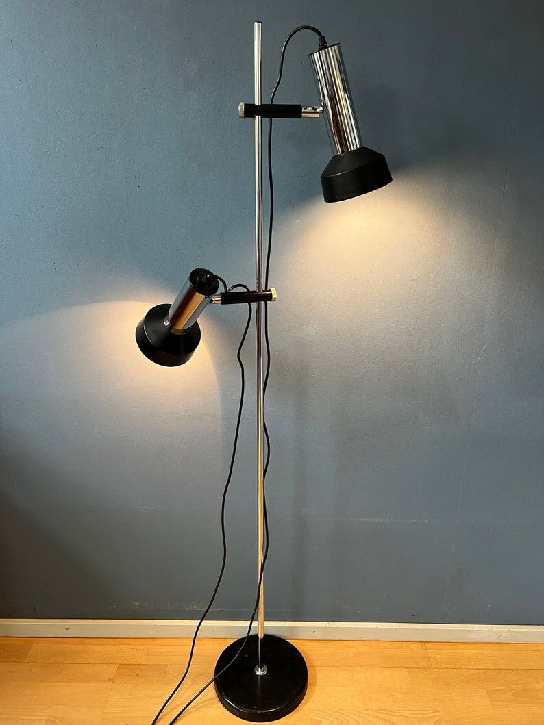 Mid-century floor lamp with two black/chrome spotlights