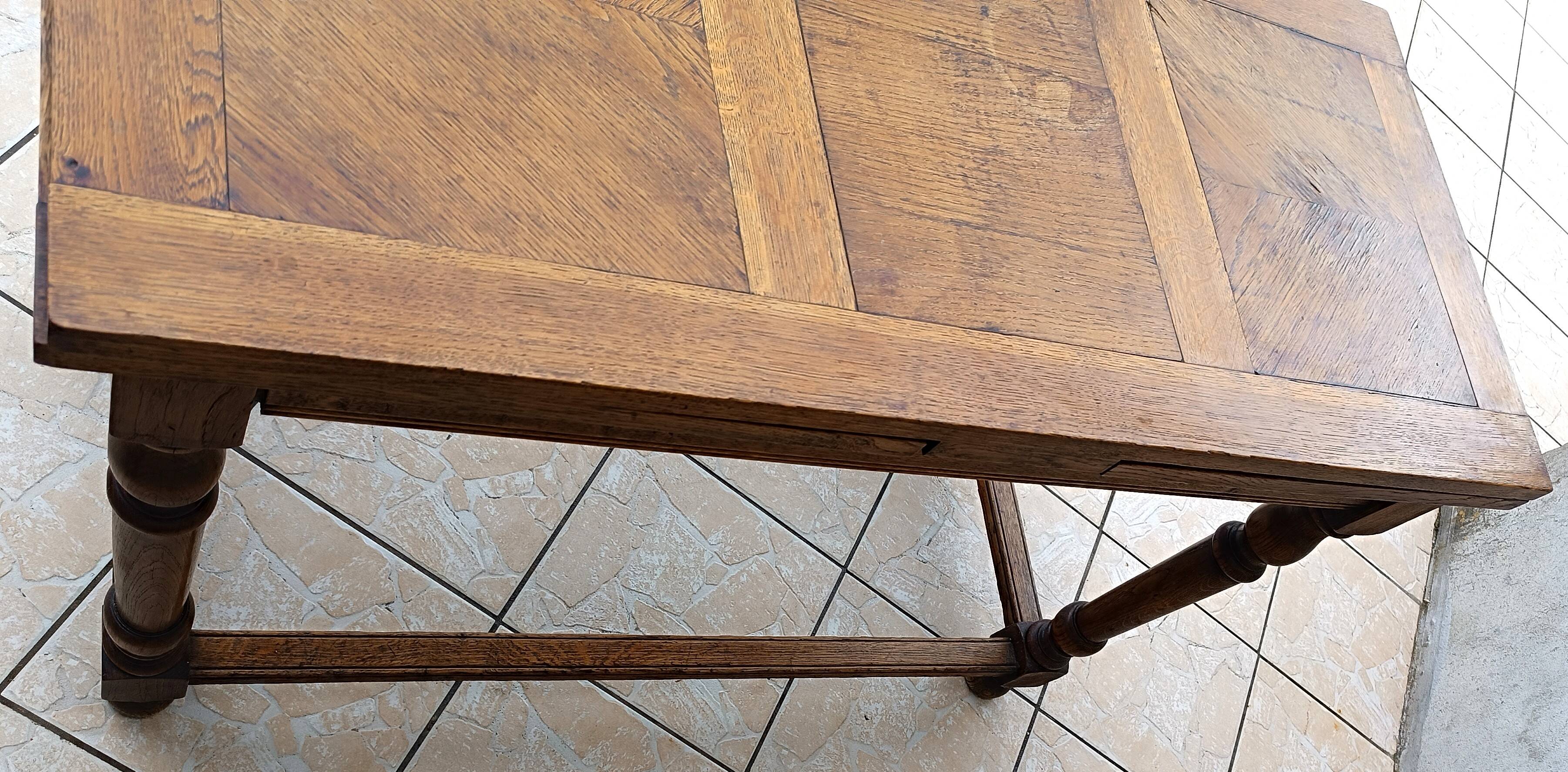 Table console rustique à rallonges en chêne début 20ème