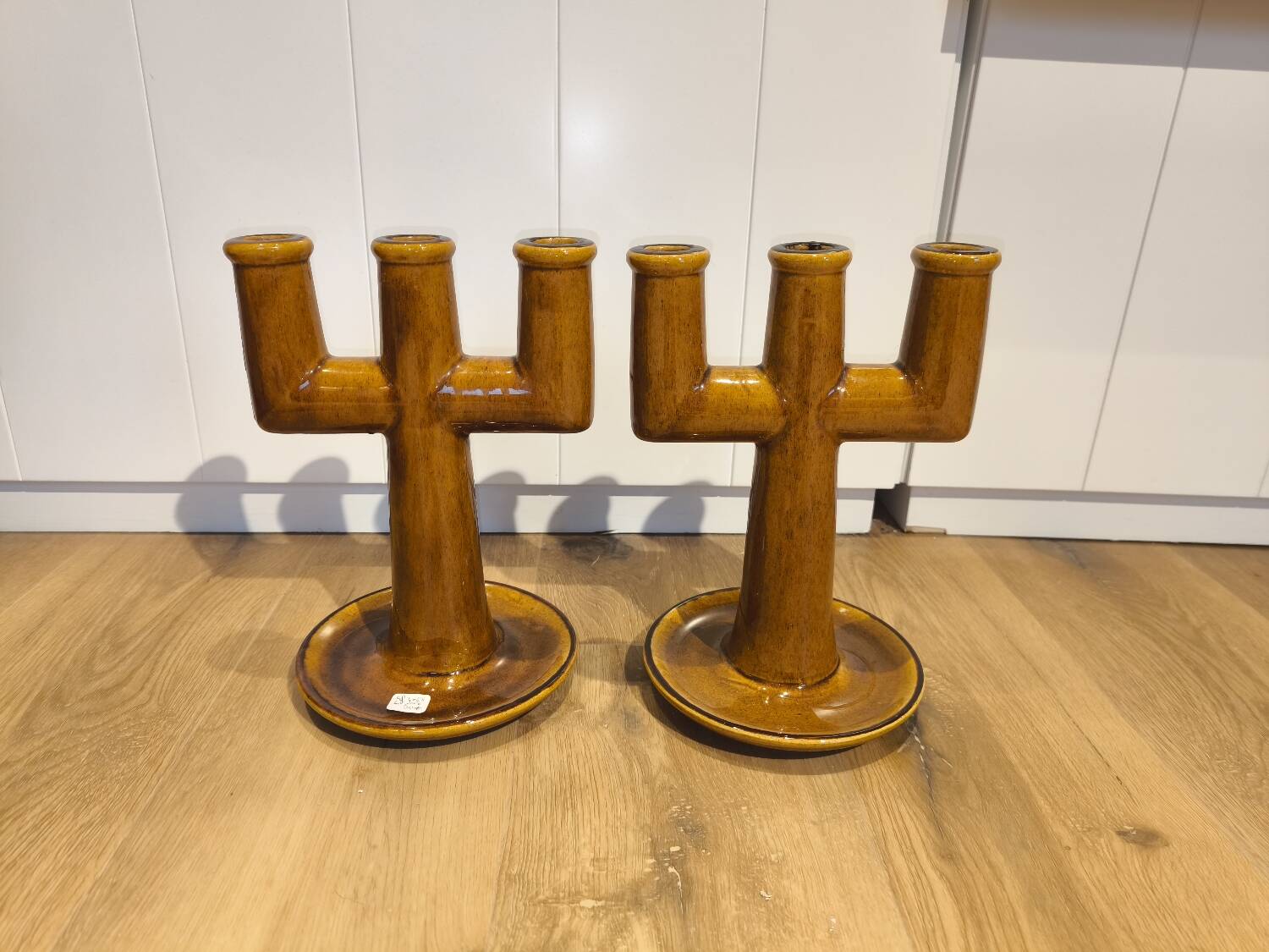 Pair of 3-branch ceramic candle holders from La Ferme des Potiers