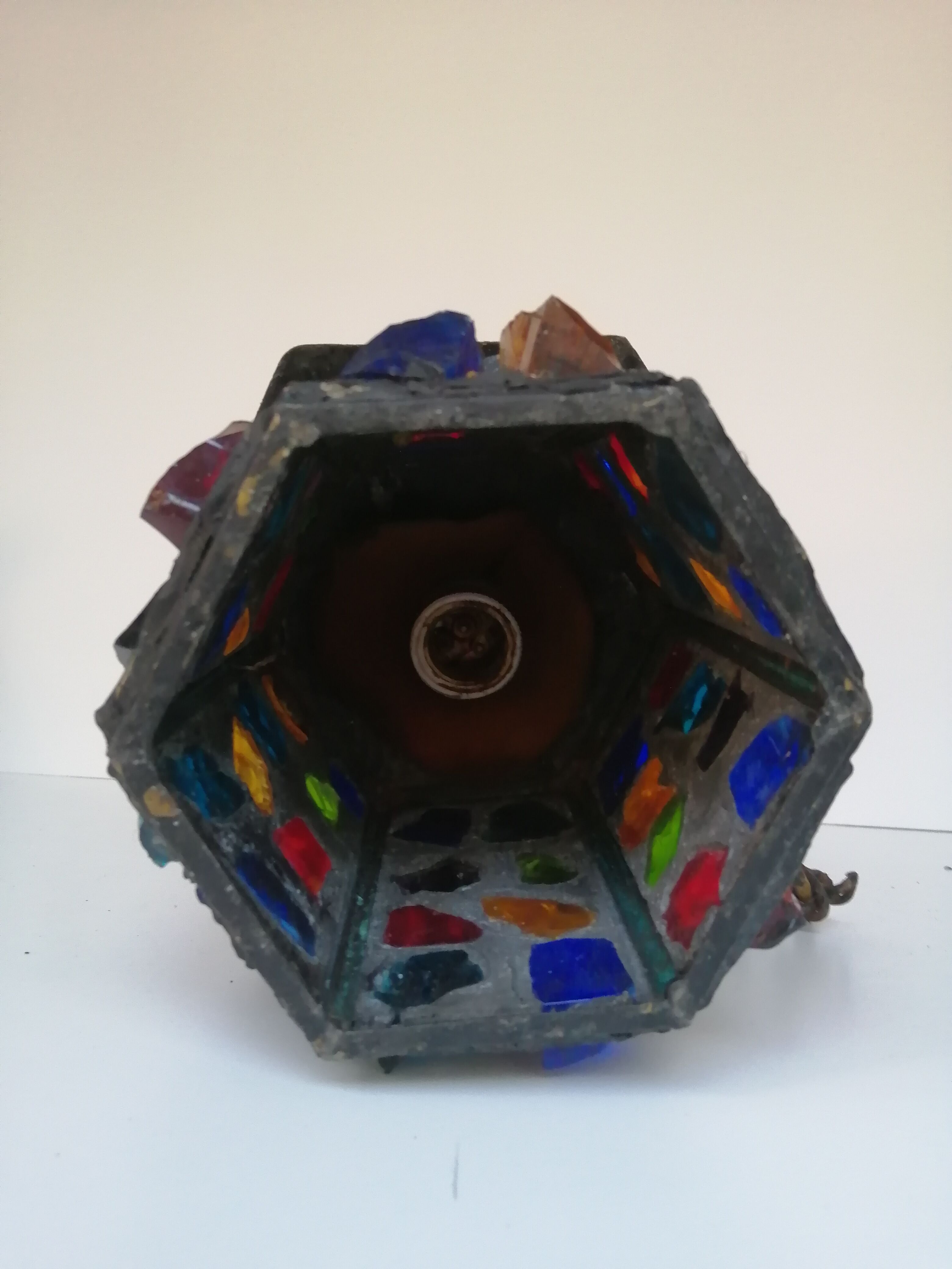 Peter Marsh porch lantern, colored glass, lead and Hammered Sheet metal, 1950s Arts & Crafts