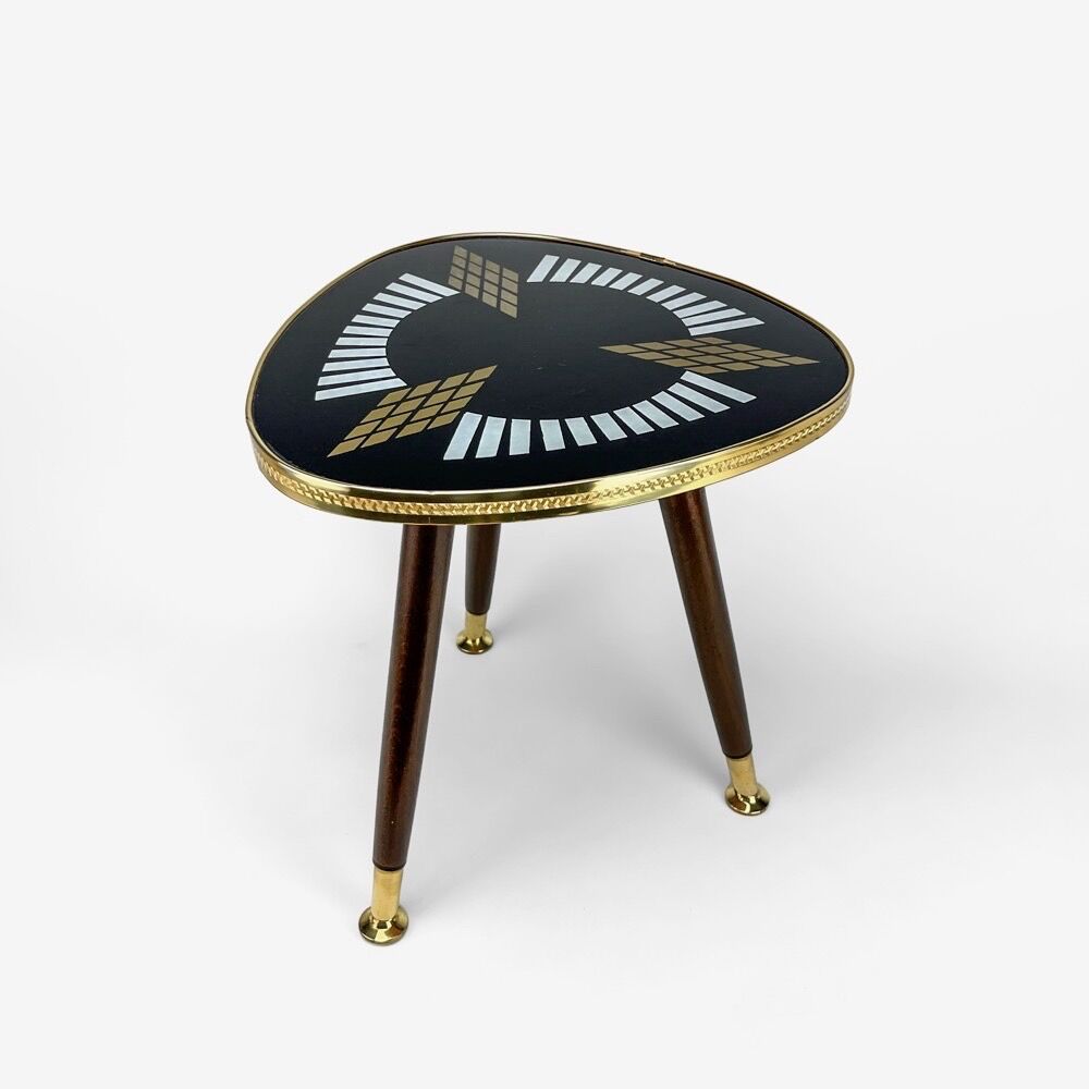 Pedestal table tripod glass wood and brass graphic patterns 50s