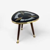 Pedestal table tripod glass wood and brass graphic patterns 50s