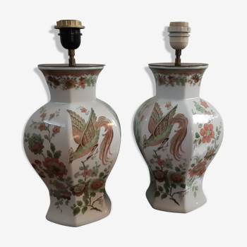 Pair of earthenware lamp feet birds and flowers