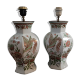Pair of earthenware lamp feet birds and flowers