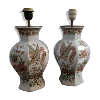 Pair of earthenware lamp feet birds and flowers