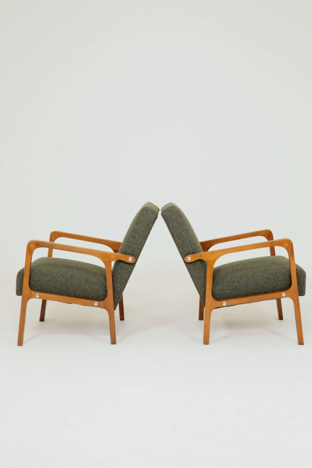 Vintage Pair Armchair Avocado Green Tweed Upholstery, 1960, Poland