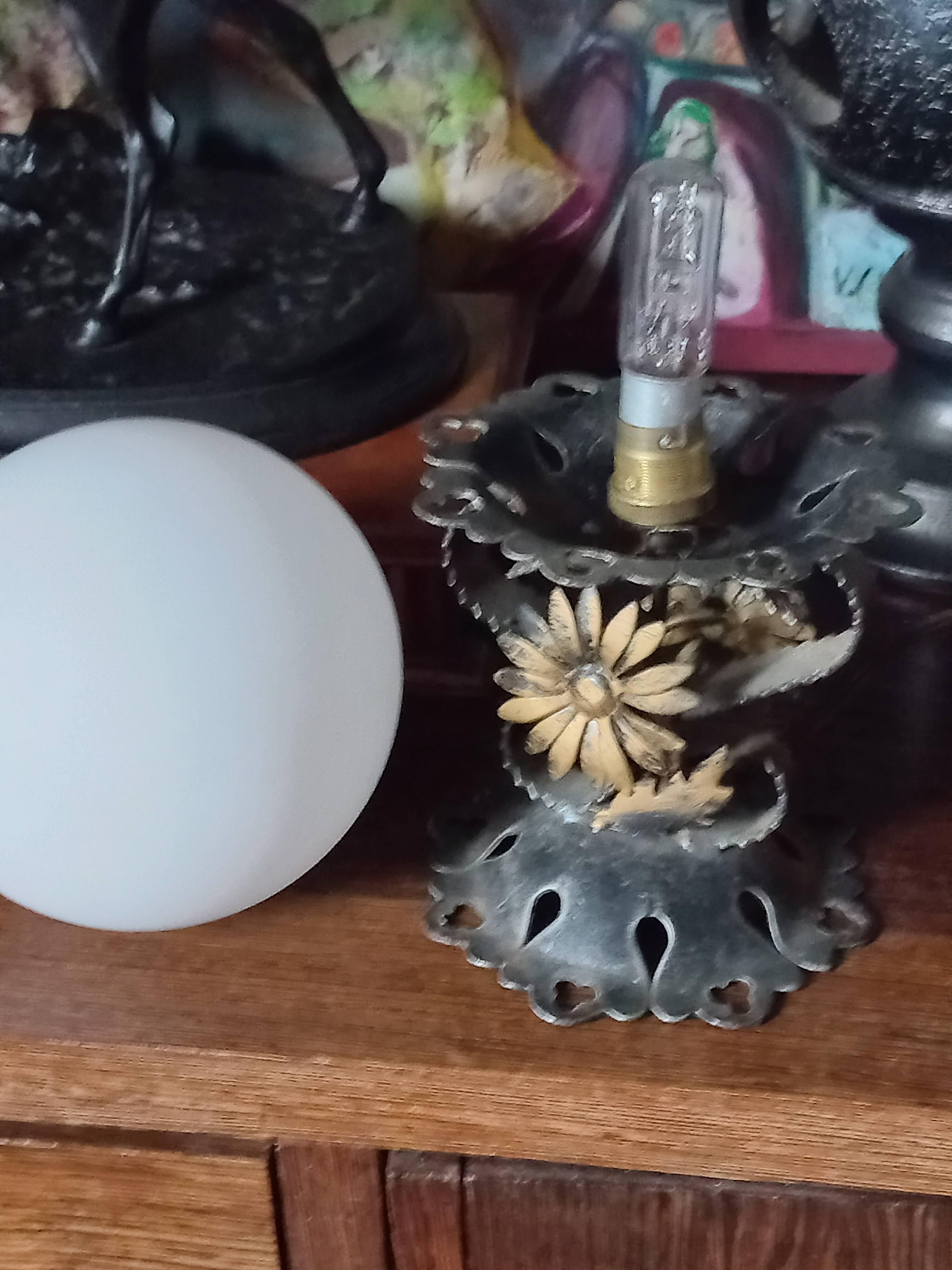 Pair of vintage wrought iron and opaline lamps from the 1960s.