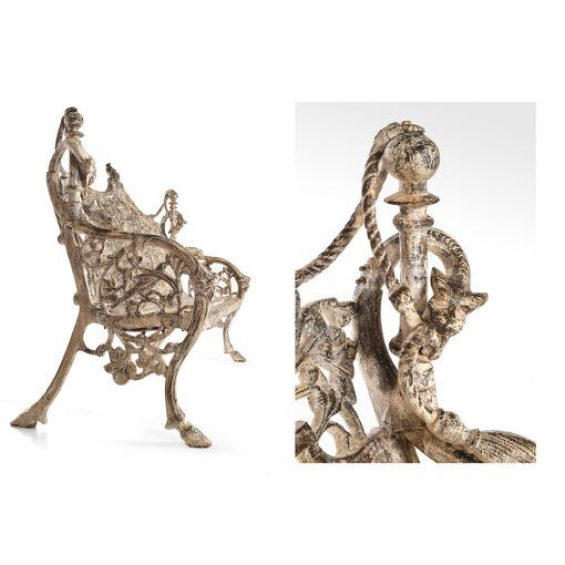 Sculpted cast iron bench and white patina wood