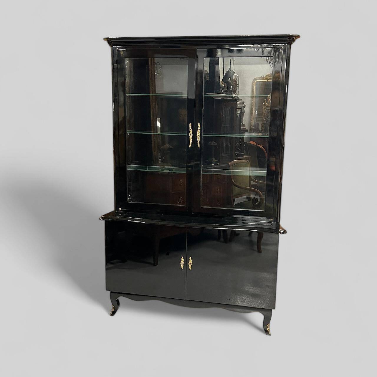 1950s black lacquered two-body display cabinet - bookcase