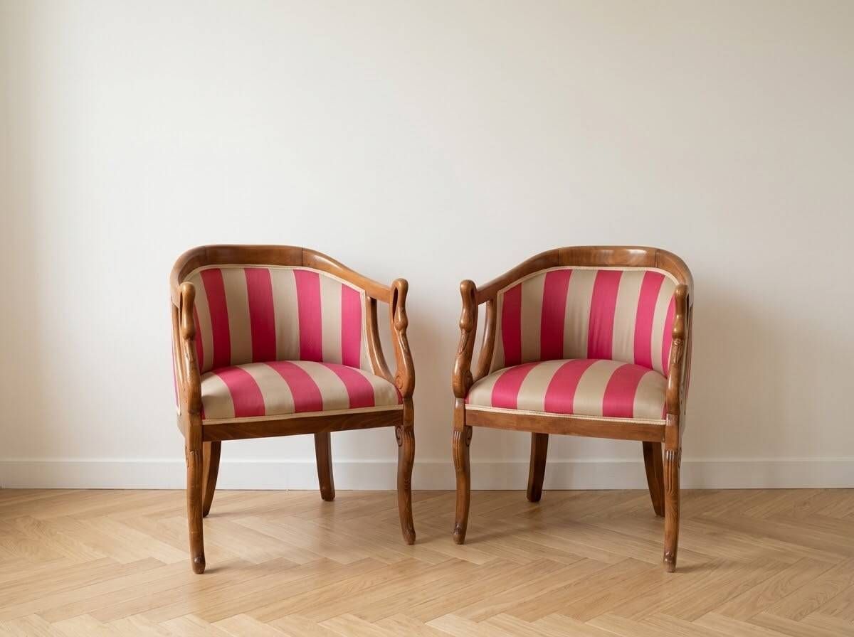 Pair of gondola armchairs with swan neck in Louis XV style, striped pink fabric.