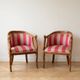 Pair of gondola armchairs with swan neck in Louis XV style, striped pink fabric.