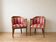 Pair of gondola armchairs with swan neck in Louis XV style, striped pink fabric.