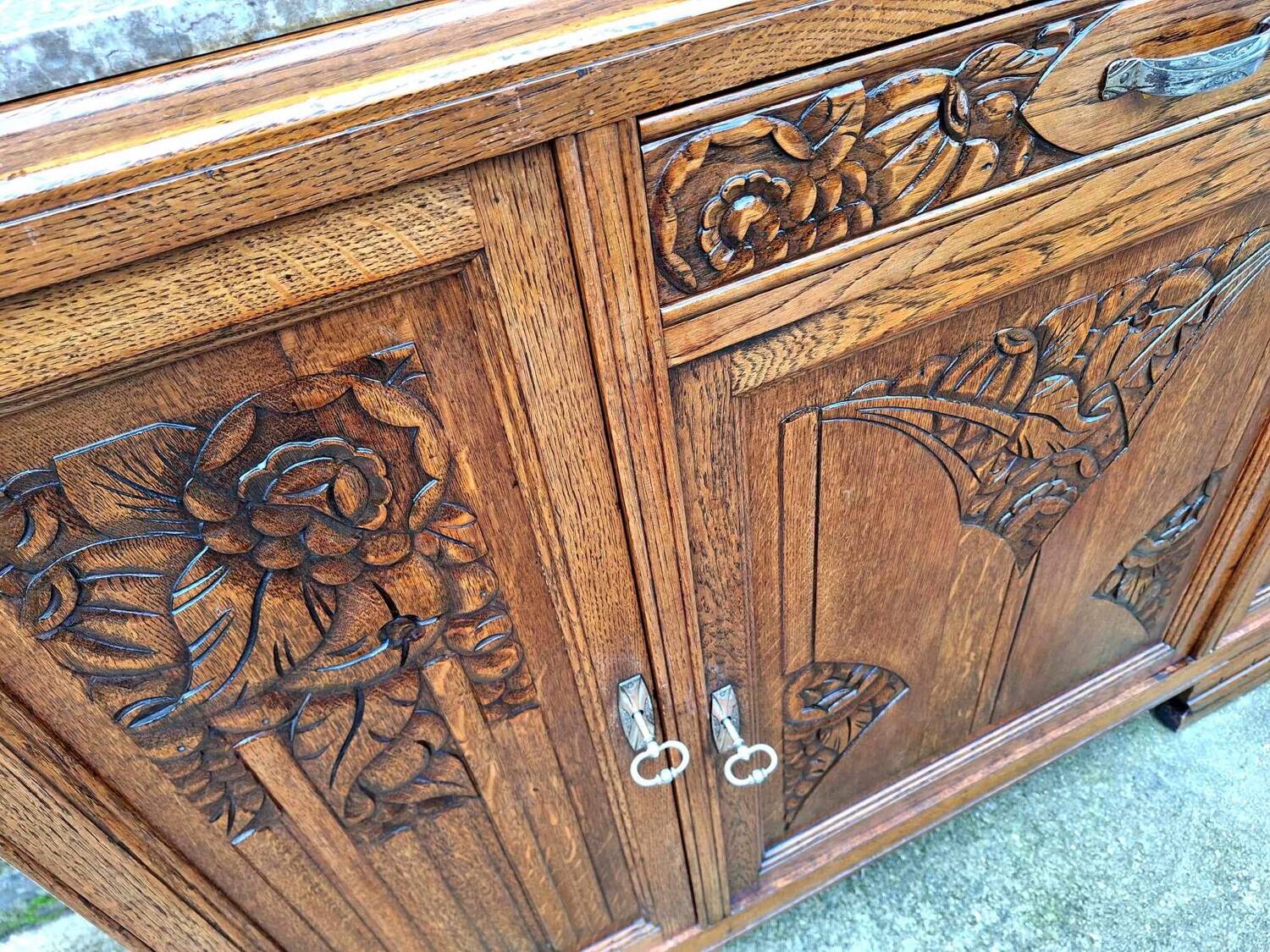 Art deco sideboard marble top, old buffet furniture, vintage dresser