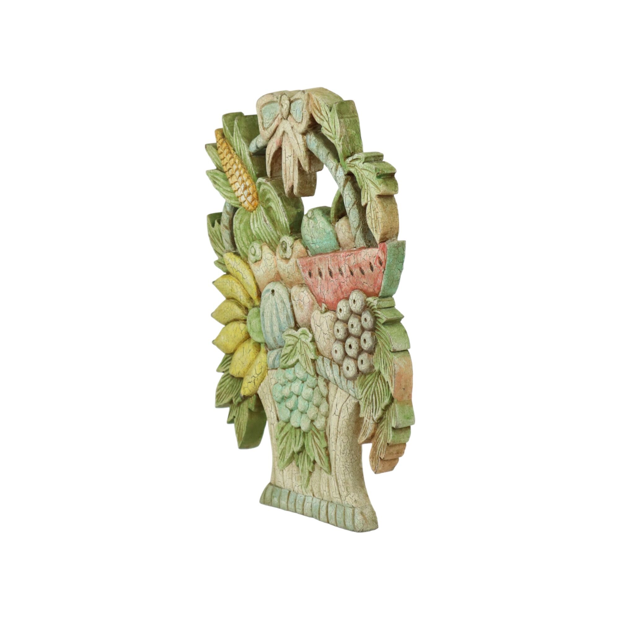 Vintage Fruit Basket with Bow Wood Carving Hand Painted Crackle Wall Decoration 41cm