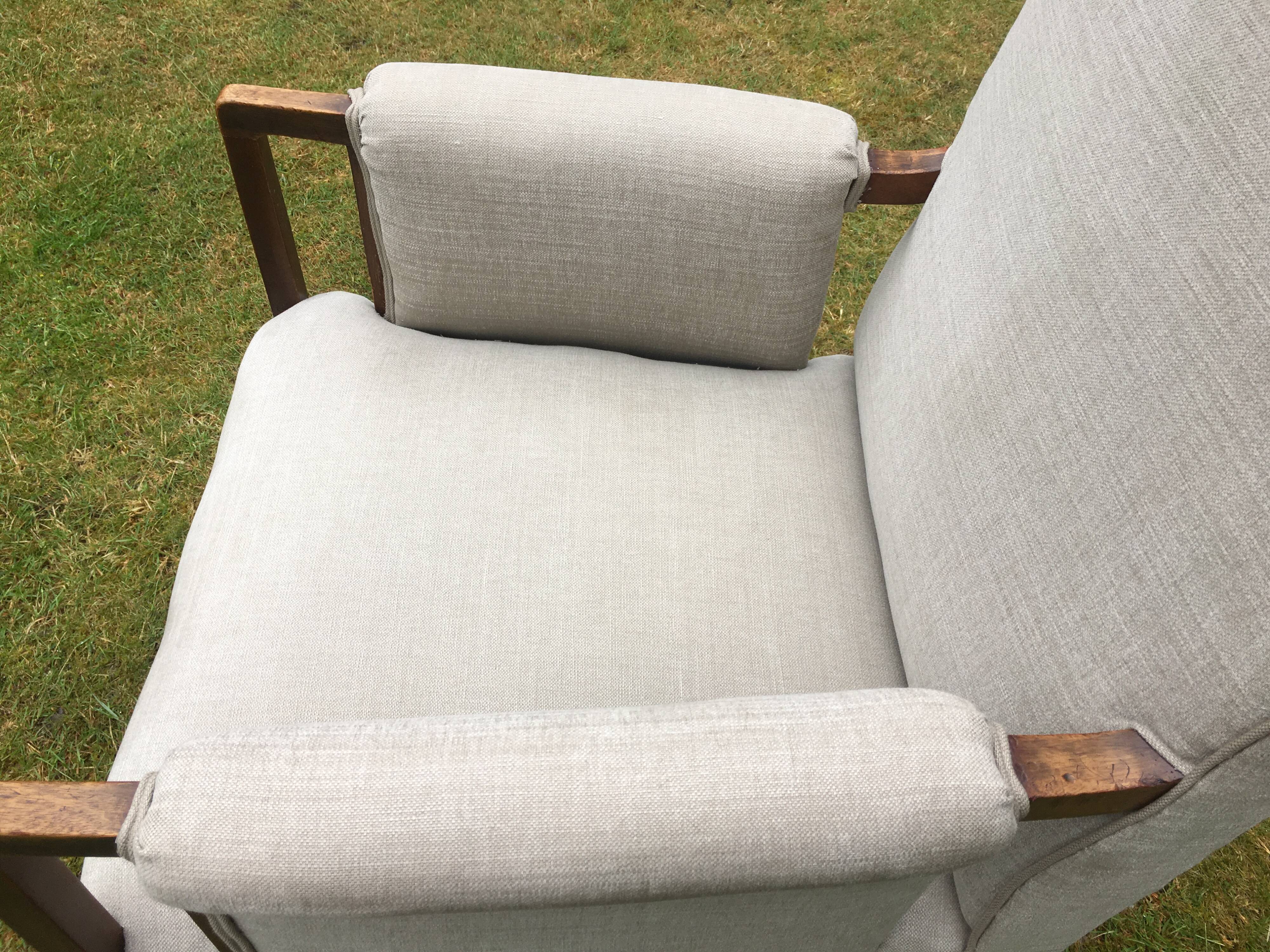 Vintage Antique Oak Reupholstered Armchair On Castors in Beige