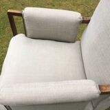 Vintage Antique Oak Reupholstered Armchair On Castors in Beige