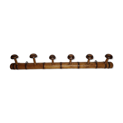Ancien portemanteau rustique en bois tourné à l'imitation du bambou 1900, 6 patères