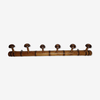 Old rustic wooden coat rack turned in imitation of bamboo 1900, 6 hooks