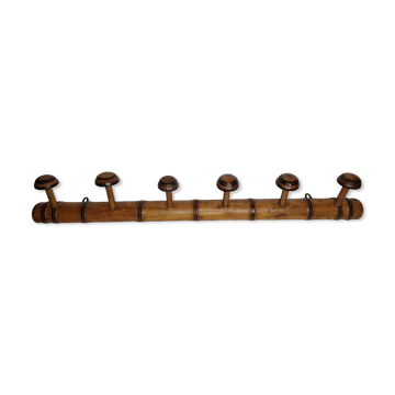 Old rustic wooden coat rack turned in imitation of bamboo 1900, 6 hooks
