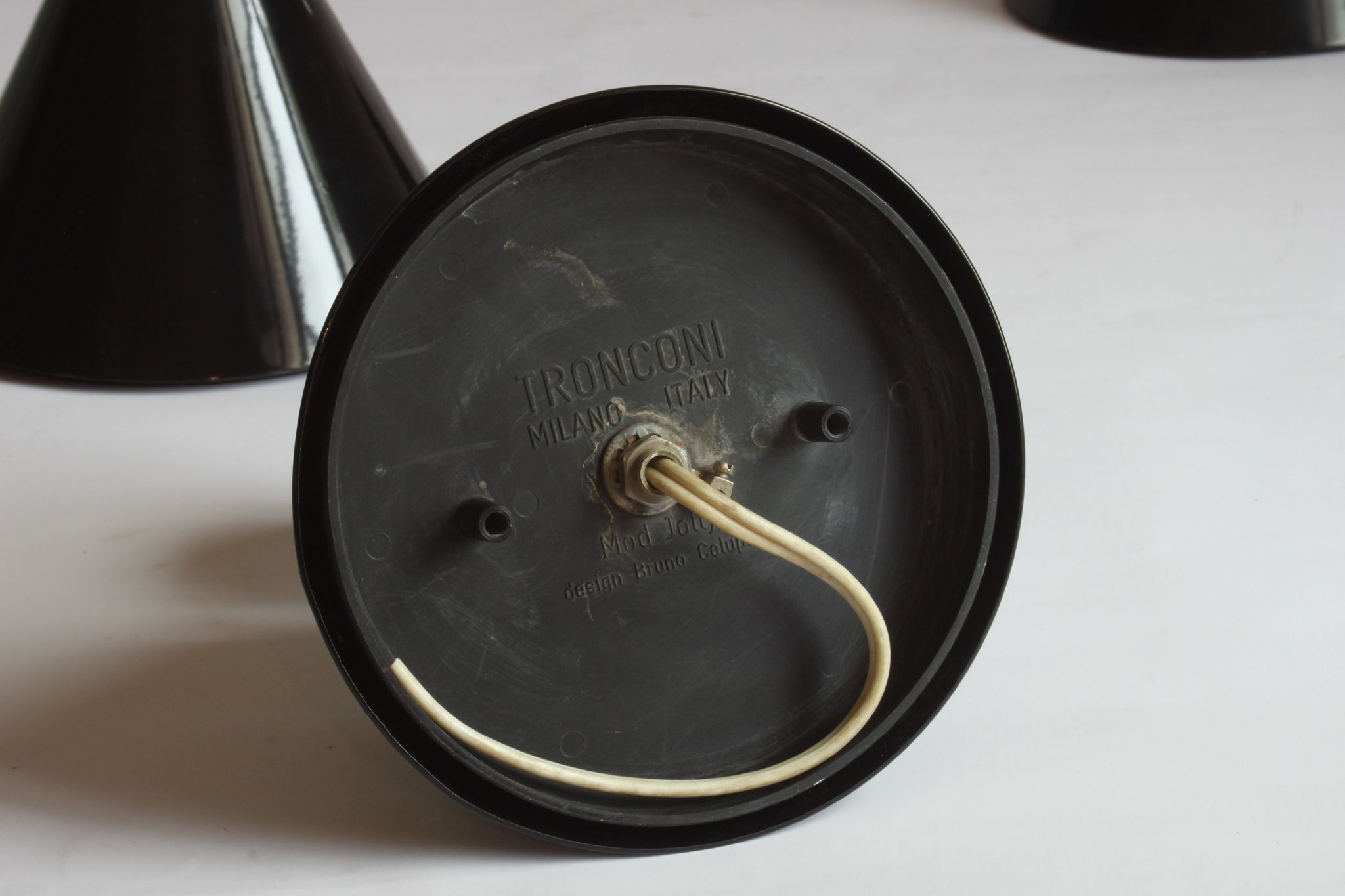 Black cone ceiling lights "Jolly" by Bruno Celupica for Tronconi, Italy 1970s, set of three.