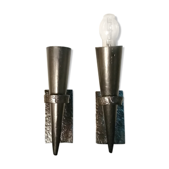 Pair of conical sconces in wrought iron, medieval, electrified in 1960