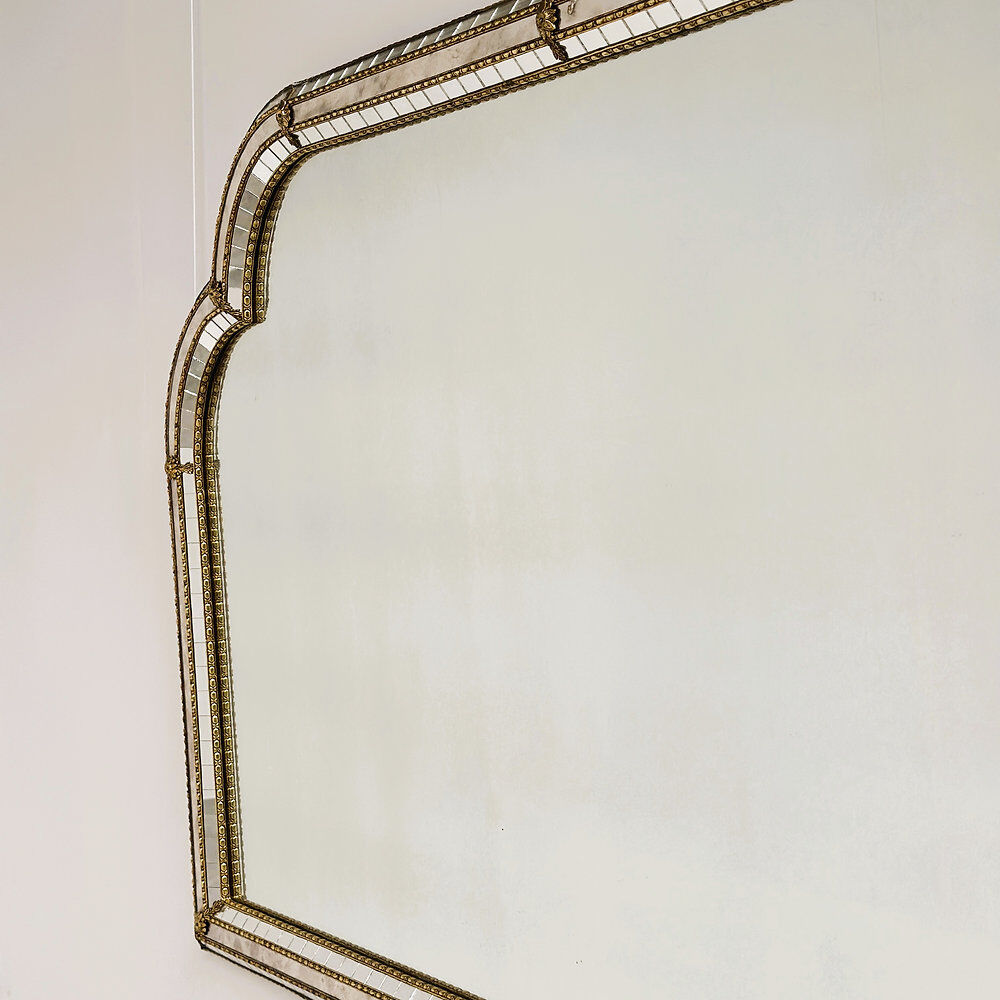 Large Spanish gilt brass & smoked mirror decorative wall mirror, 1980s