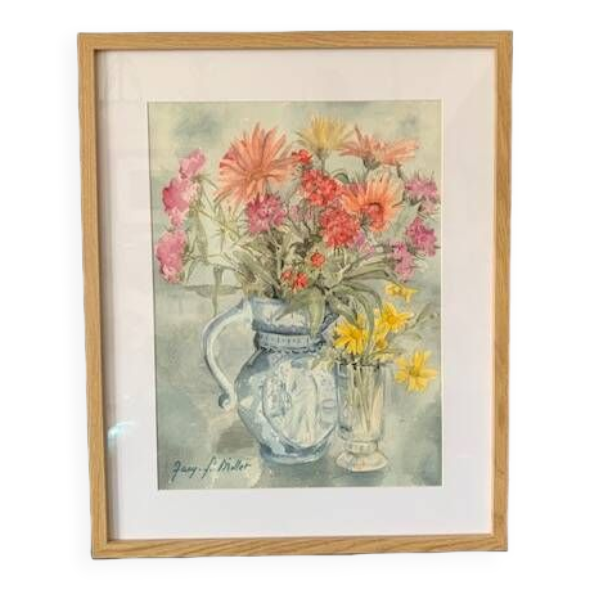 Old watercolor signed Jany. F. Millet (1926-1992), bouquet of flowers under framed glass, 1950