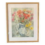 Old watercolor signed Jany. F. Millet (1926-1992), bouquet of flowers under framed glass, 1950