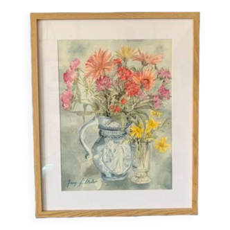Old watercolor signed Jany. F. Millet (1926-1992), bouquet of flowers under framed glass, 1950