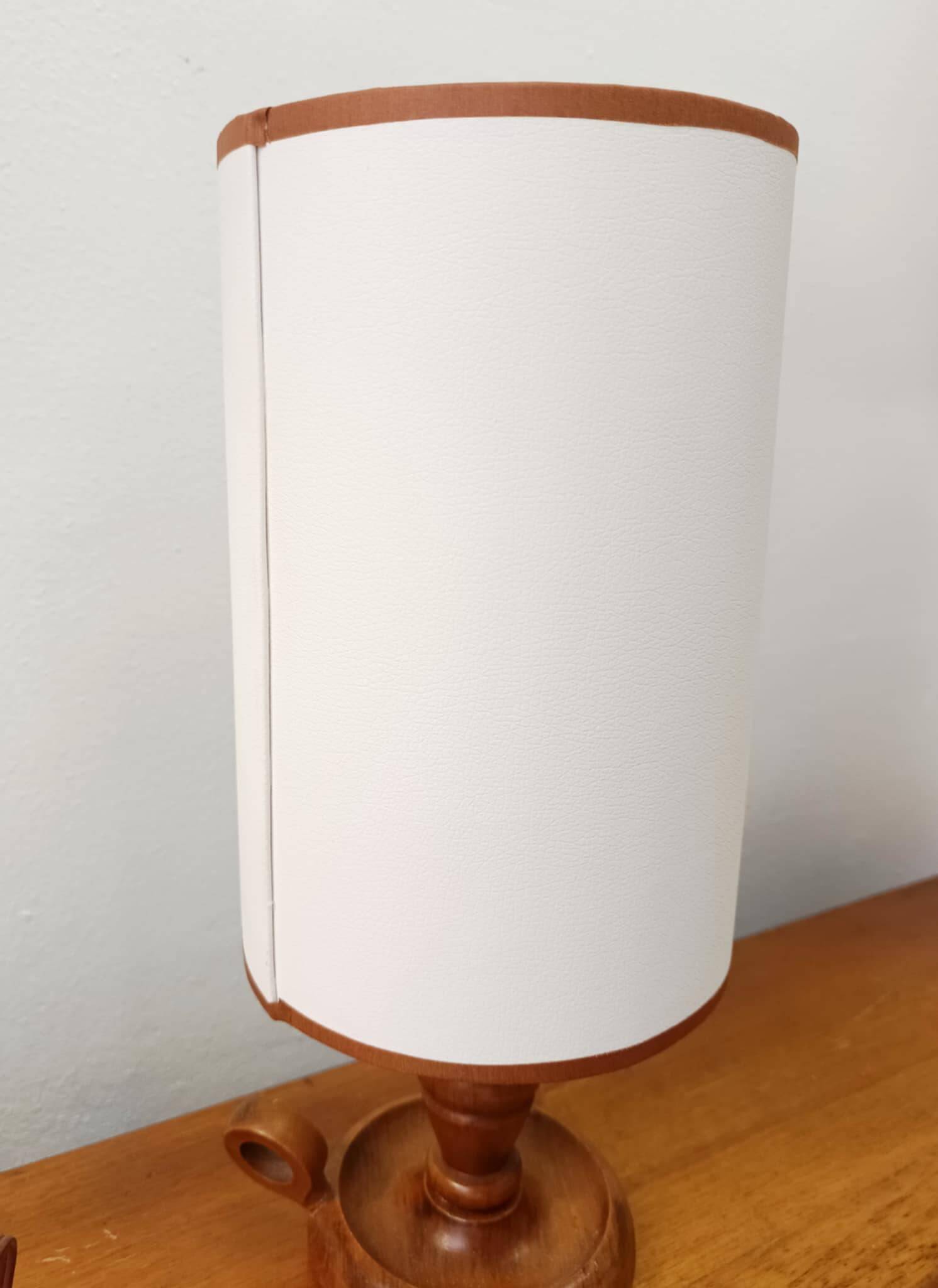 Vintage wooden lamp with white faux leather shade