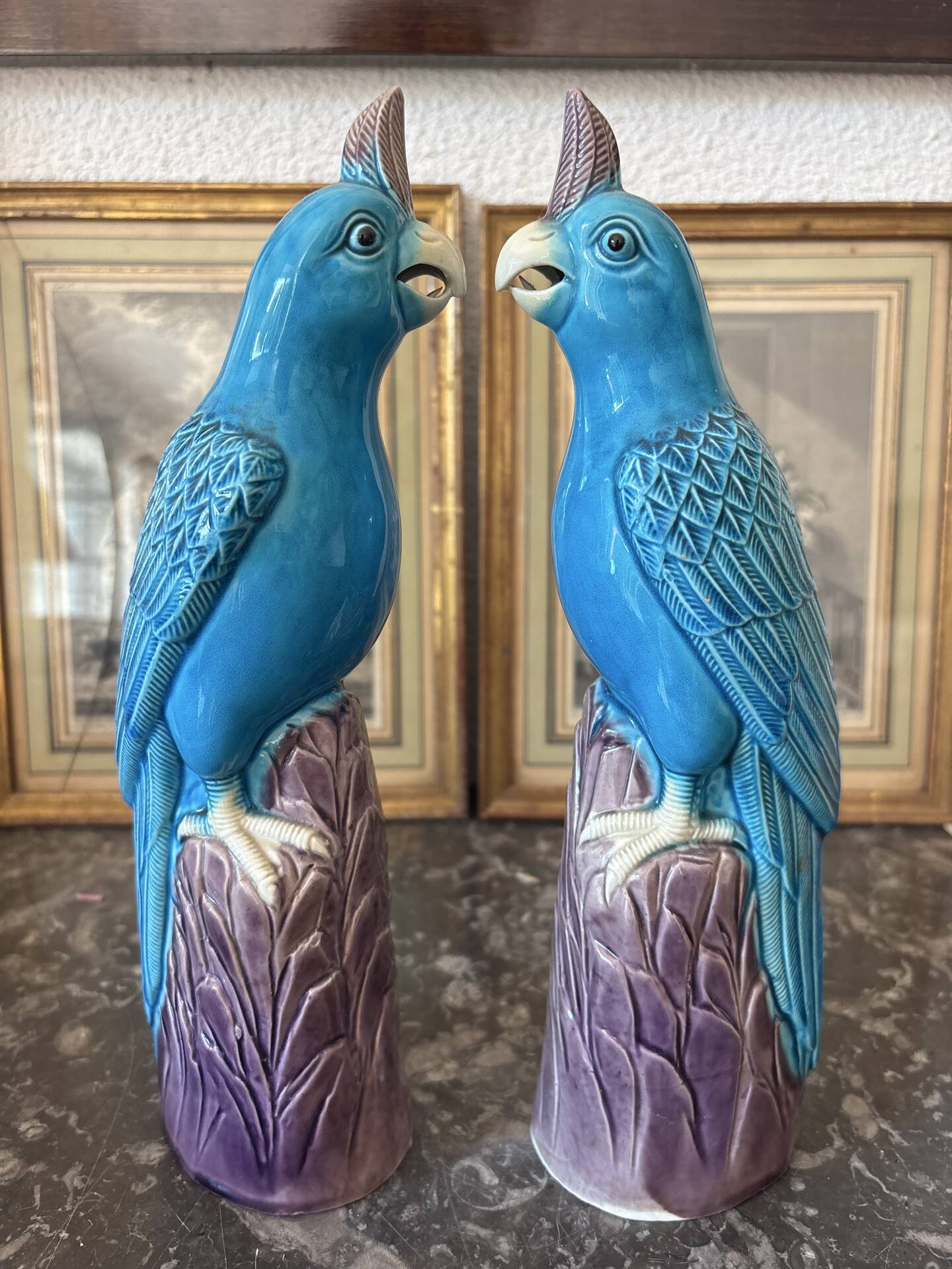Rare pair of enamelled Chinese porcelain cockatoo parrots.