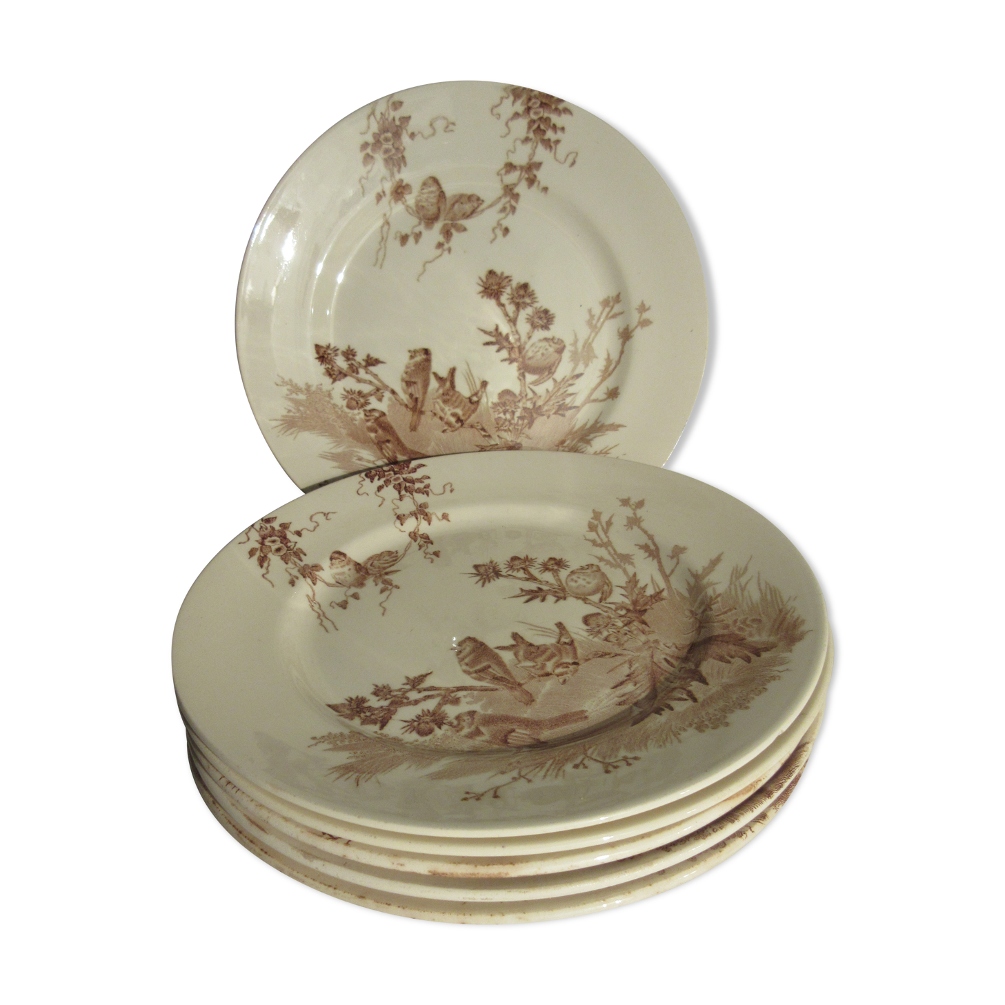 Set of 6 flat plates, Terre de Fer de Creil Montereau: Goldfinches