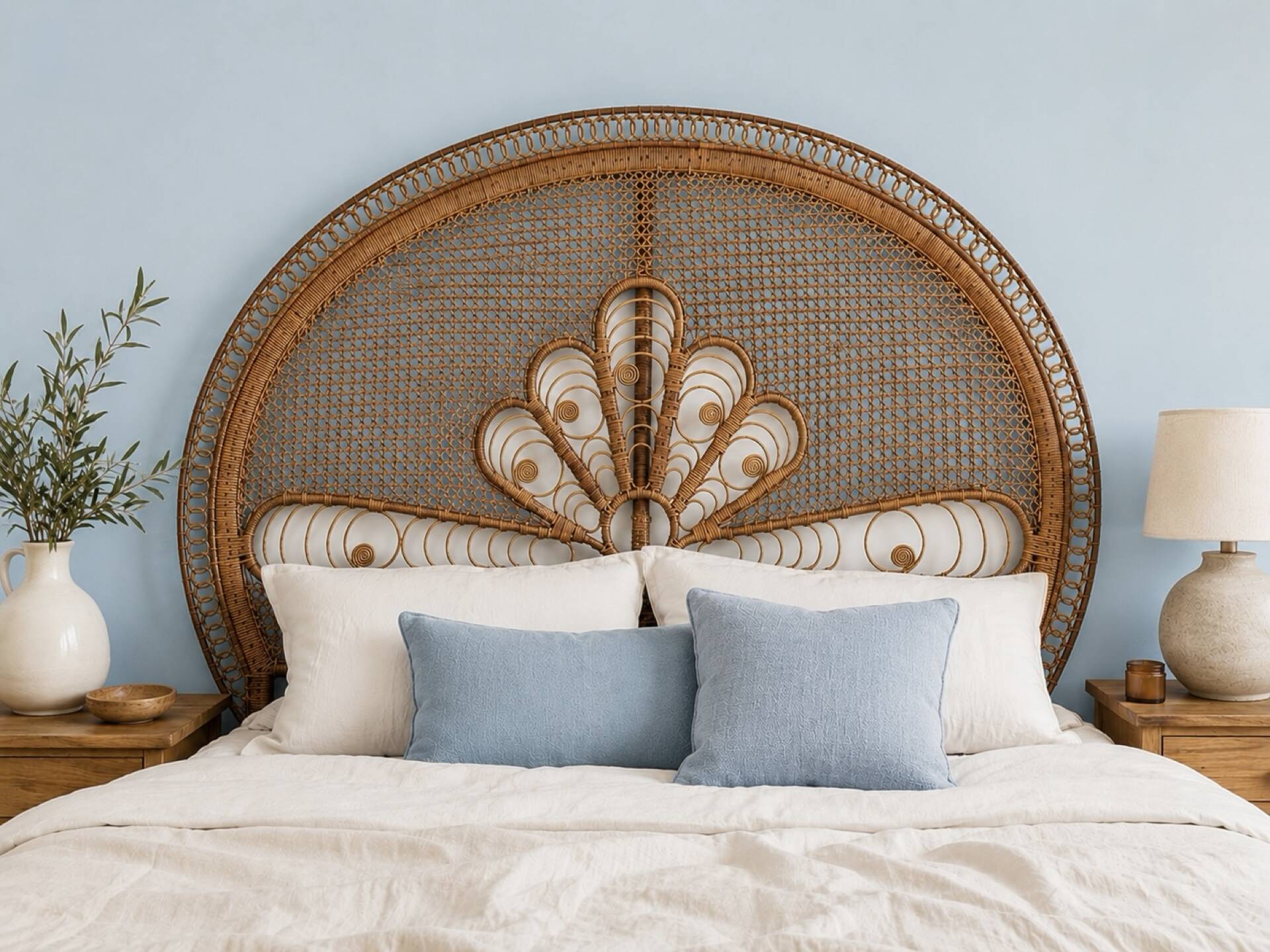 Large vintage headboard in woven rattan fan / Peacock 180cm
