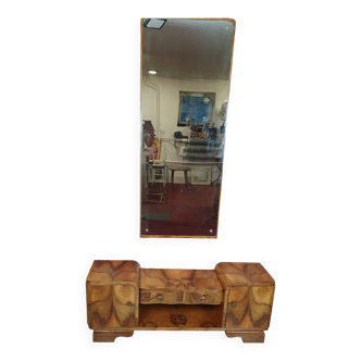 Renovated art deco dressing table with mirror, light walnut