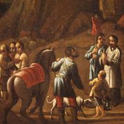 Painting oil on canvas landscape with wayfarers from the 18th century
