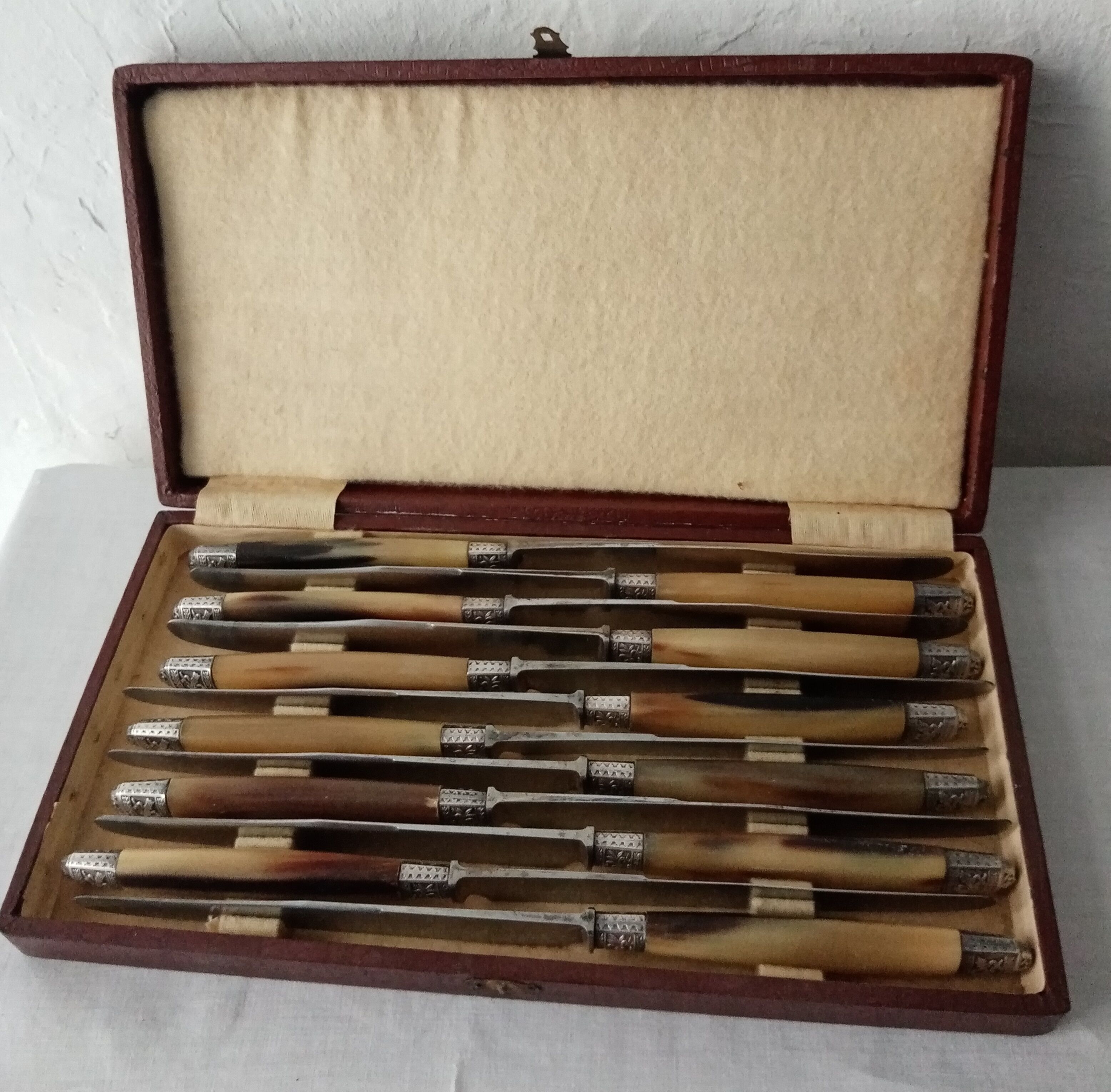 Box 12 old table knife blade steel blade Virole Louis XVI horn handle