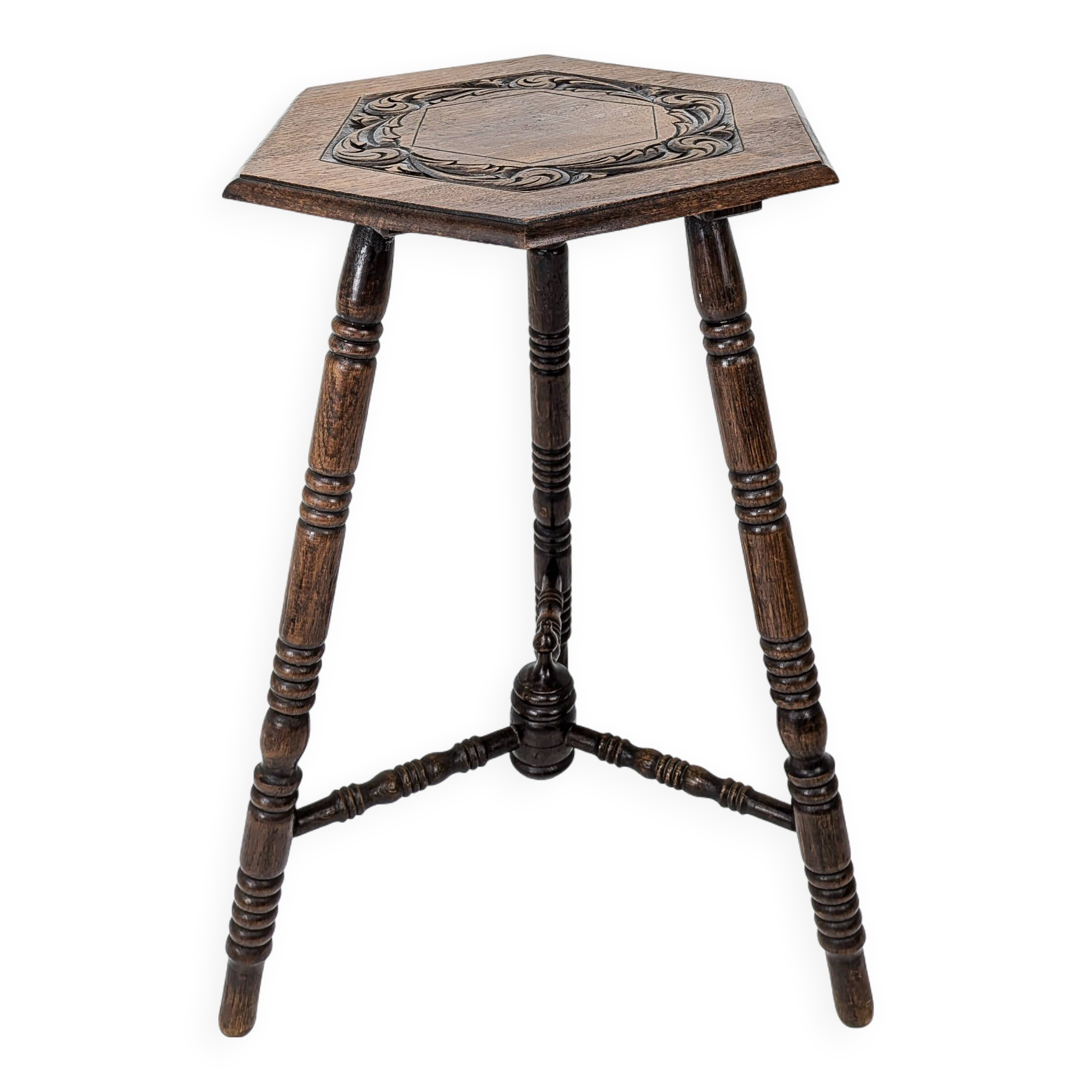 Vintage Table d'Appoint Tripode Polygone Sculpté à la main Tourné en bois massif Travail manuel Grün